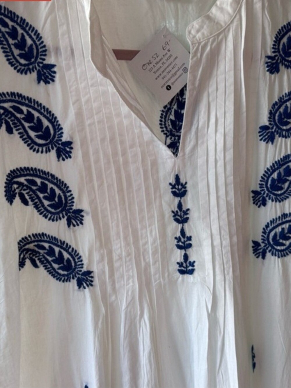Seyva Caftan Maxi Dress Blue Embroidered White Cotton - One Size Gently worn. - Picture 2 of 9